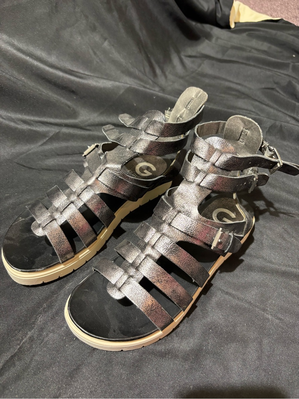 G by Guess Metallic Black Strappy Gladiator Sandals with Tan Sole